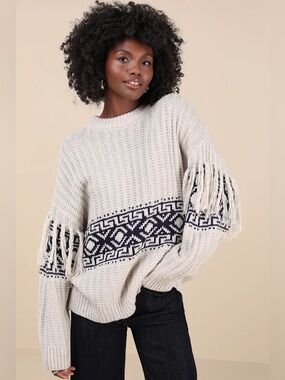 Modern Coziness Light Grey Fair Isle Fringe Oversized Sweater